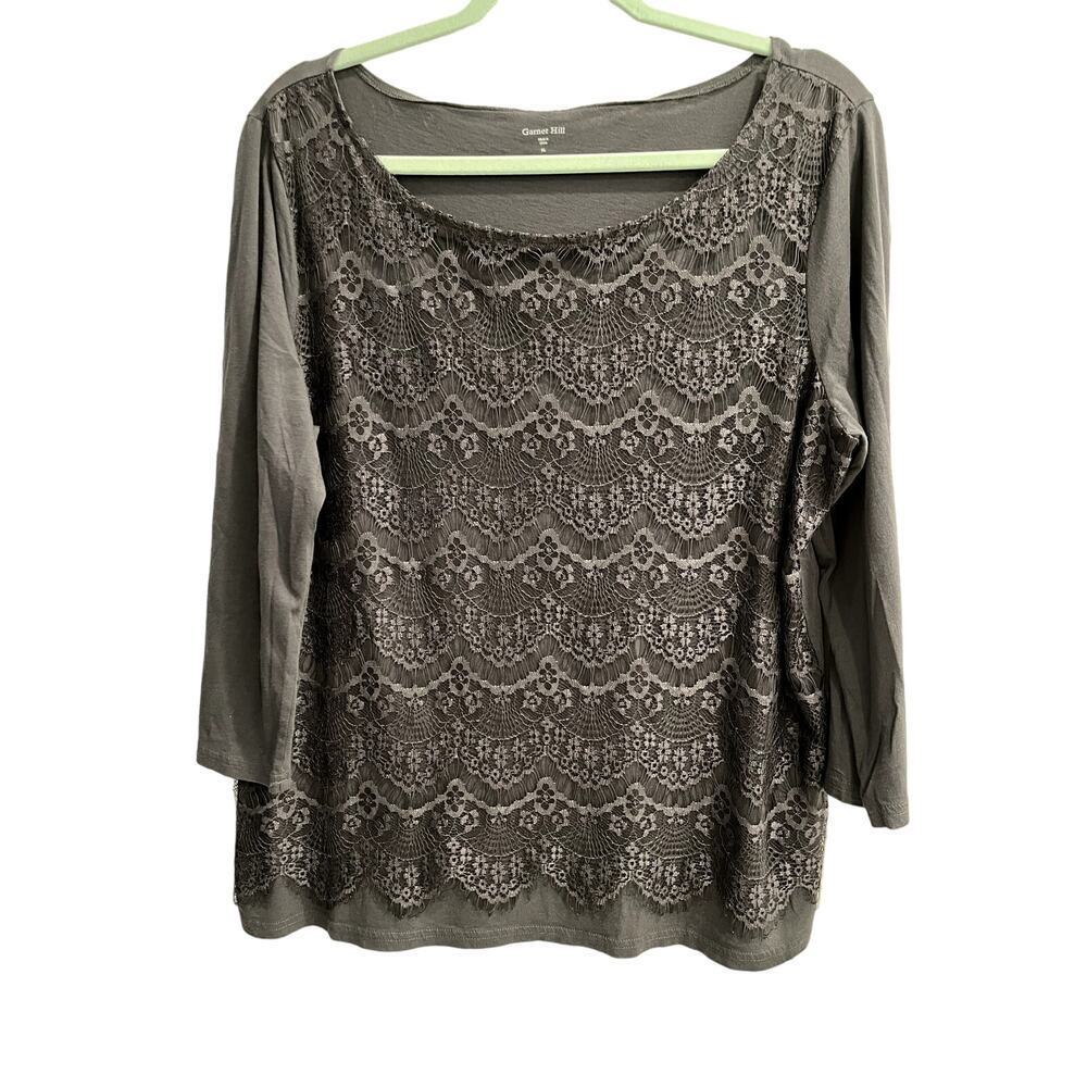 Garnet Hill Size XL Extra Large Dark Gray Lace Front Shirt Stretchy